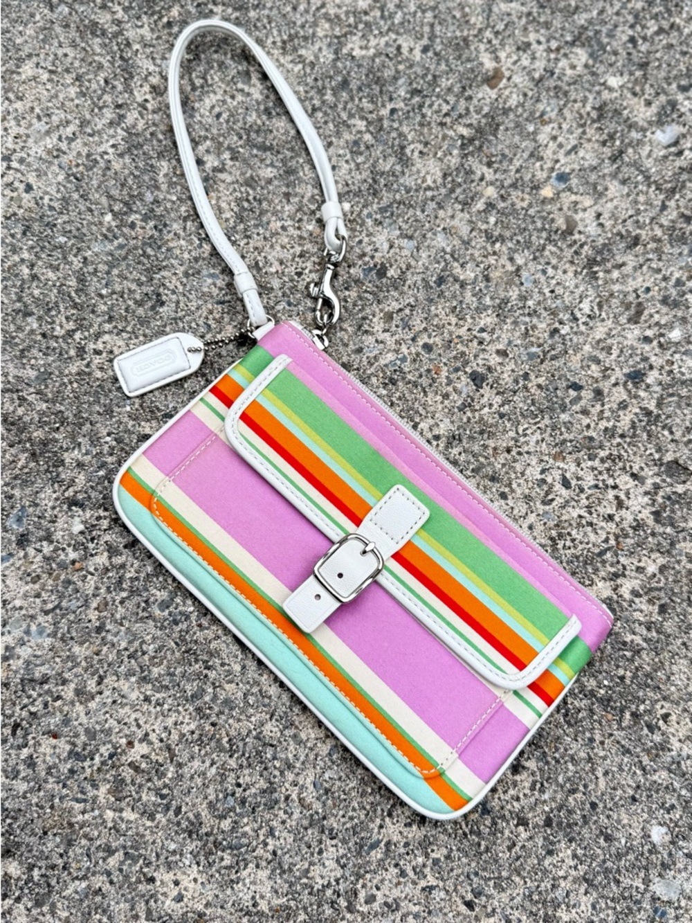 Vintage Y2K Coach Pink Multi Stripe Shoulder Bag White Leather Trim